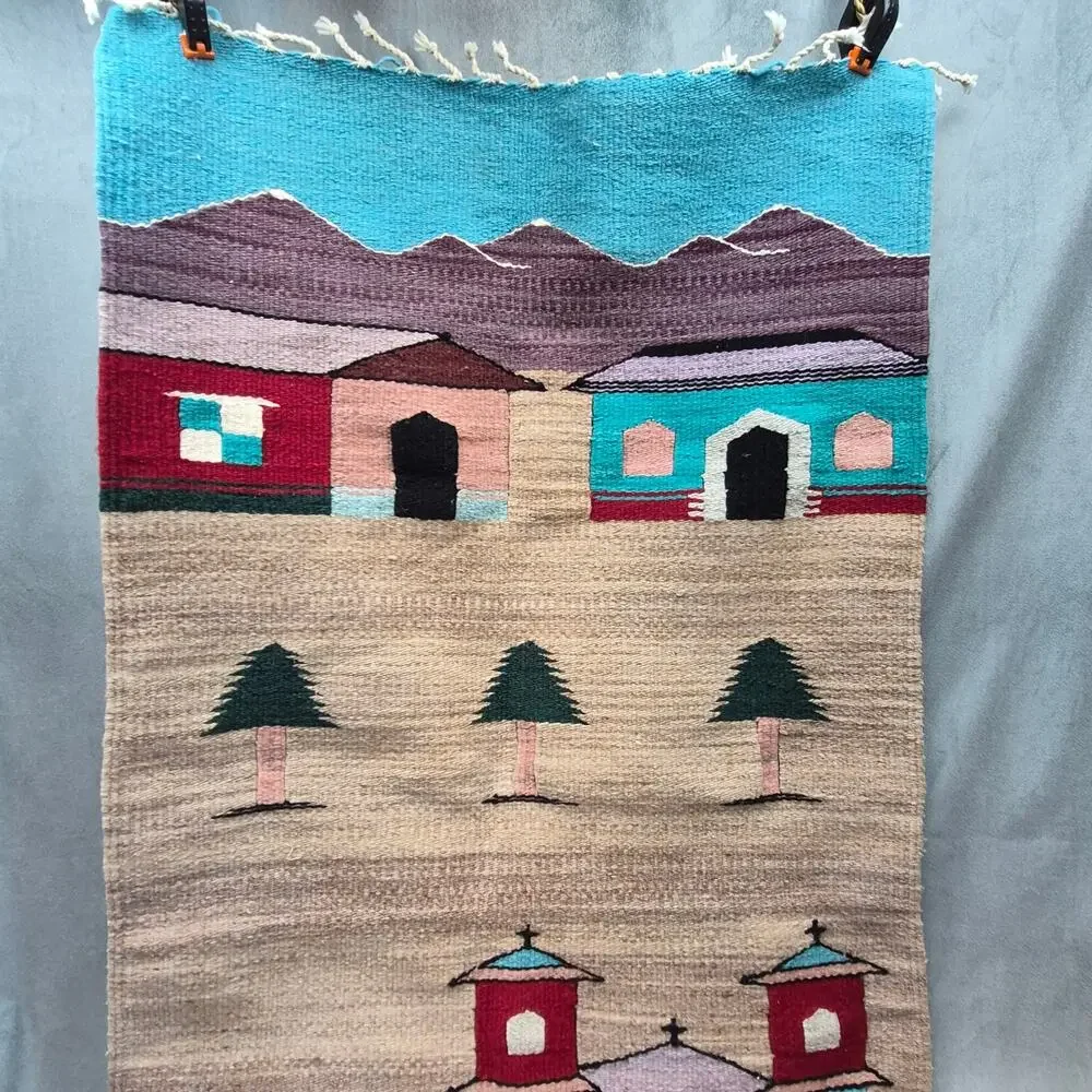 Vintage Mexican Southwest Village Church Scene Wool Tapestry/Wall Hanging Woven